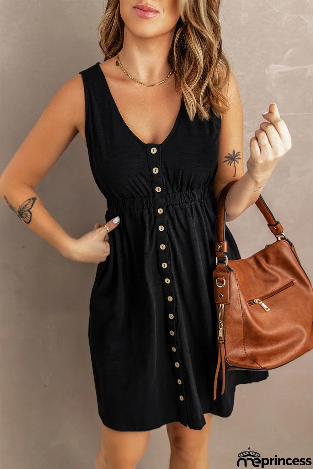 Buttons Sleeveless High Waist Mini Dress