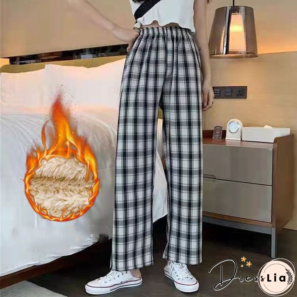Fashion Spring Winter Warm Plush Plaid Pants Women Casual Loose Wide Leg Trousers Korean Streetwear Straight Student Pants New