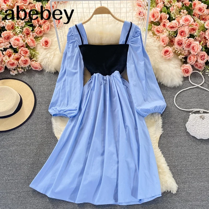 2023 New Spring Autumn Korean square collar long sleeve Dress hit color patchwork high waist pleated mid-length A-line Dress