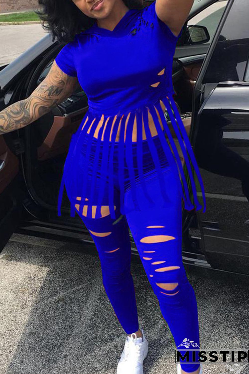 Blue Fashion Casual Solid Tassel Ripped Hooded Collar Plus Size Two Pieces