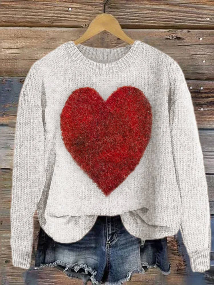 VChics Felt Art Red Heart Cozy Knit Sweater