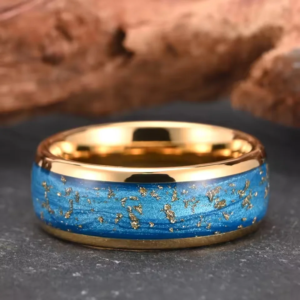 8MM Mens Women Tungsten Carbide Rings Blue Domed Electroplated Gold Foil Couple Bands