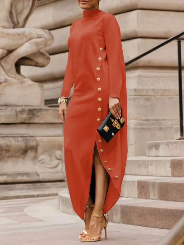 Long Sleeves Loose Asymmetric Buttoned Split-Joint Split-Side Mock Neck Maxi Dresses ORANGE-M