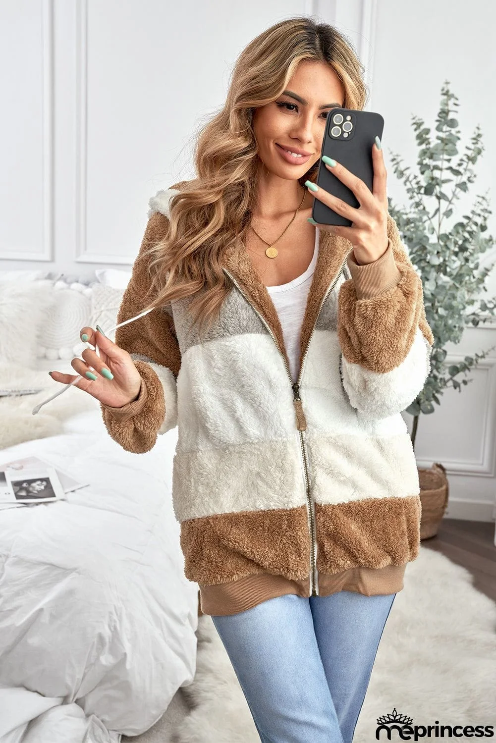 Colorblock Zip Up Sherpa Coat with Hooded