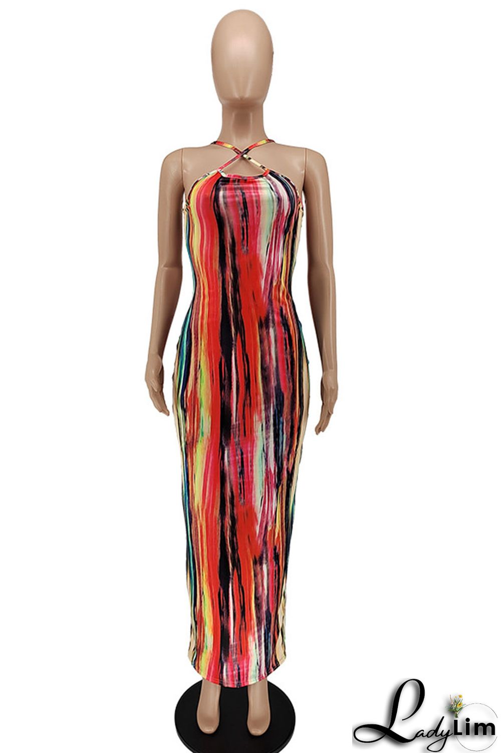 Red Sexy Print Split Joint Slit Spaghetti Strap One Step Skirt Dresses