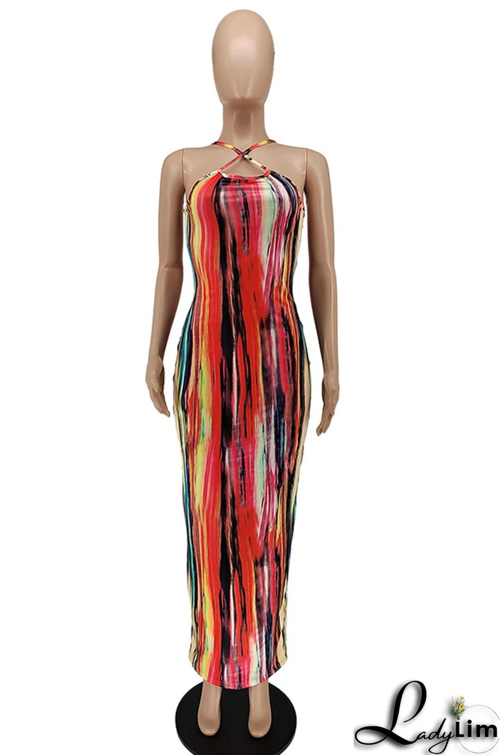 Red Sexy Print Split Joint Slit Spaghetti Strap One Step Skirt Dresses