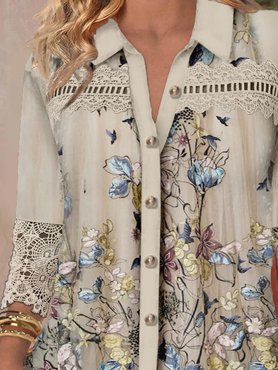 Women's 3/4 Sleeve V-neck Lace Graphic Hollow Stitching Top