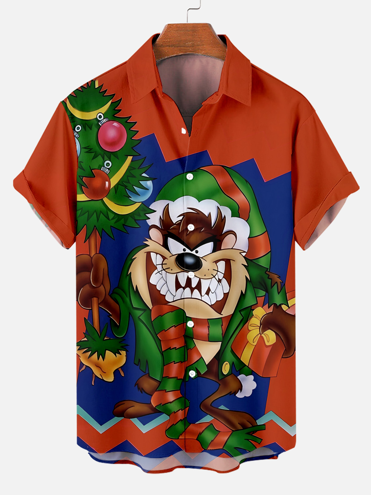 Men's Christmas Fun Cartoon Big Mouth Monster Christmas Tree Short Sleeve Shirt PLUSCLOTHESMAN