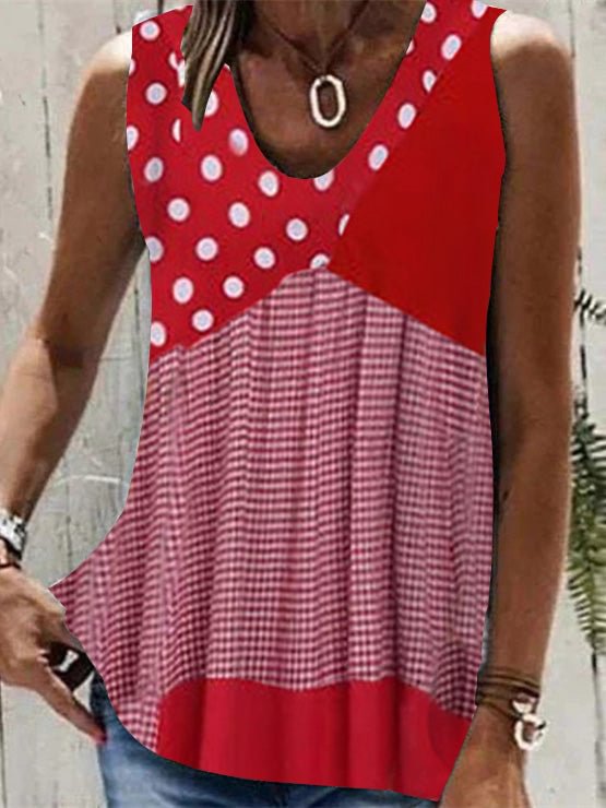 Women Sleeveless V-neck Striped Polka Dot Top