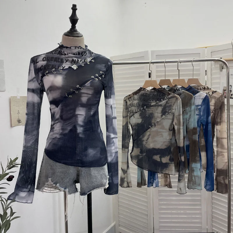 Uveng Pure Want To Play The Bottom Of The Long-Sleeved T-Shirt Design Hollow Print Irregular Mesh Yarn Personality Hottie Top 2629