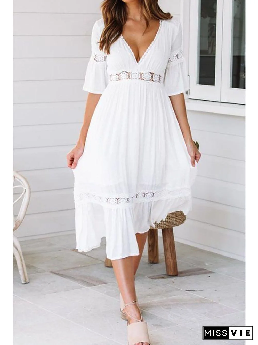 Women's Swing Dress Midi Dress - Half Sleeve Solid Colored Summer Spring & Summer V Neck Beach Vacation Dress
