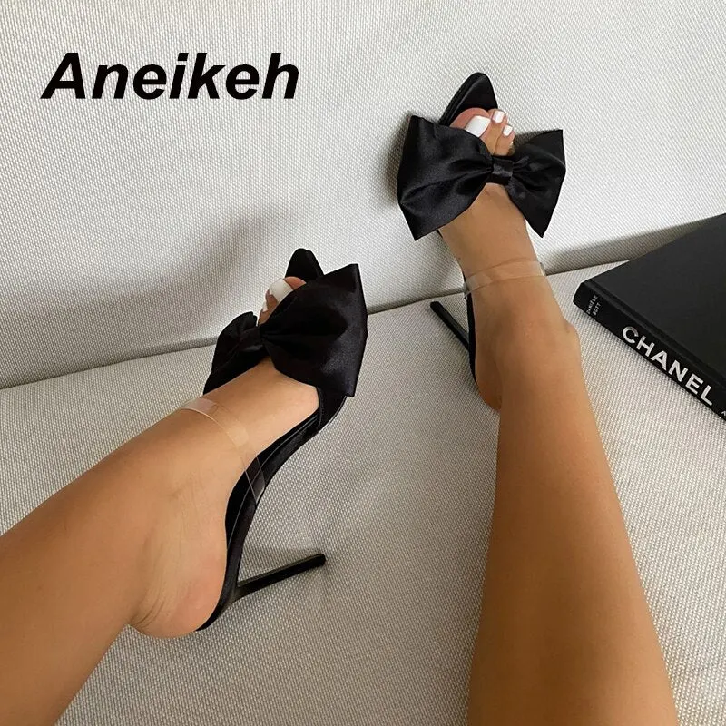 Aneikeh NEW Summer Concise Silk Butterfly-Knot STILETTO MULES Women's Pumps 2021 Sexy Pointed Toe Slingbacks Ladies Party Shoes