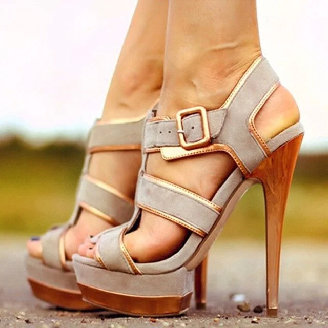 Grey Suede High Heel T-Strap Platform Sandals - Open Toe Vdcoo
