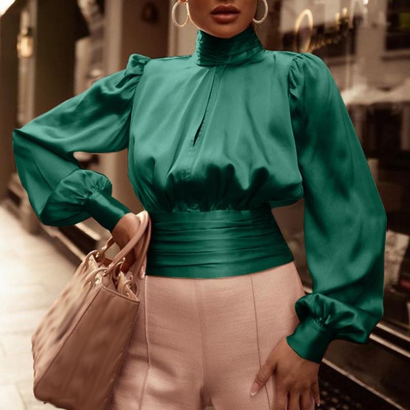 Celmia Pleated Waisted Long Puff Sleeve Tops Street Elegant Satin Fashion Short Tunic High Collar Hollow Out Chest Women Blouses