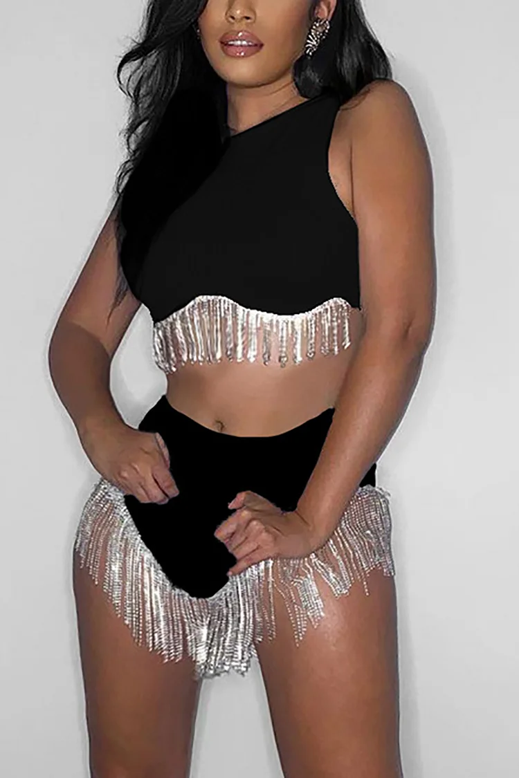 Fashion Black Outfit Fringe Sequins Stitching Vest+Briefs Two Piece Set