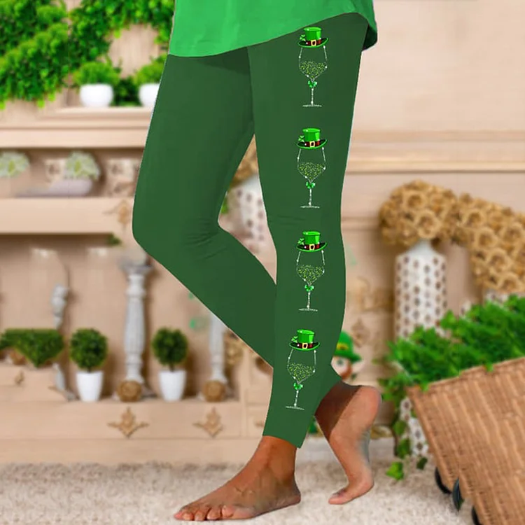 VChics St. Patrick's Day Glitter Wine Glass Print Leggings