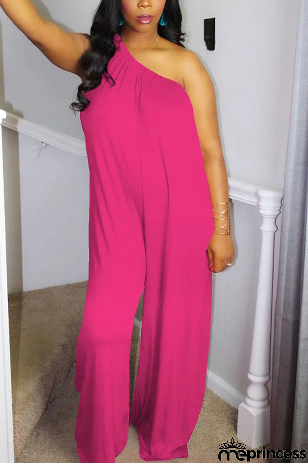 rose red Fashion Sexy Patchwork Solid Polyester Sleeveless one shoulder collar Jumpsuits