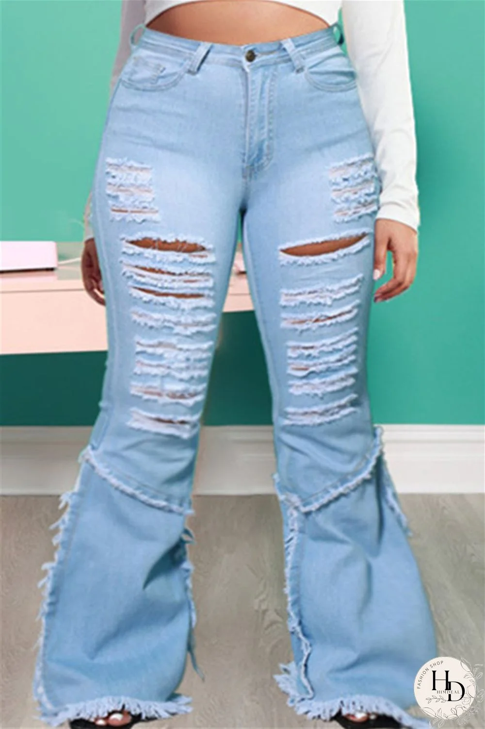 Baby Blue Fashion Casual Solid Ripped Split Joint Plus Size Jeans