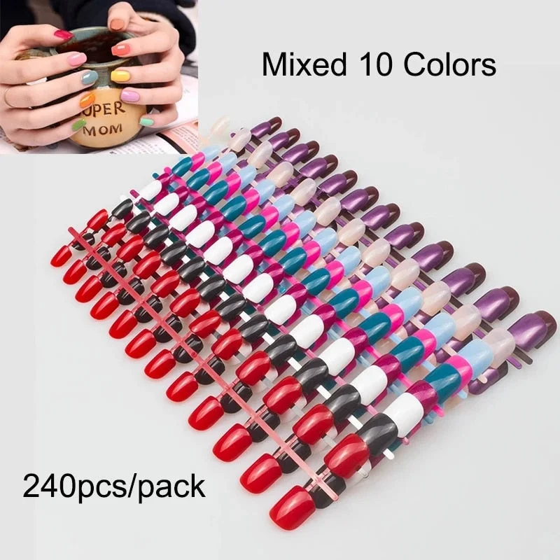 240pcs/pack Mixed 10 Colors Full Cover Nail Tips Short Design Fake Nails Faux Ongles False Acrylic Nails Art Tips