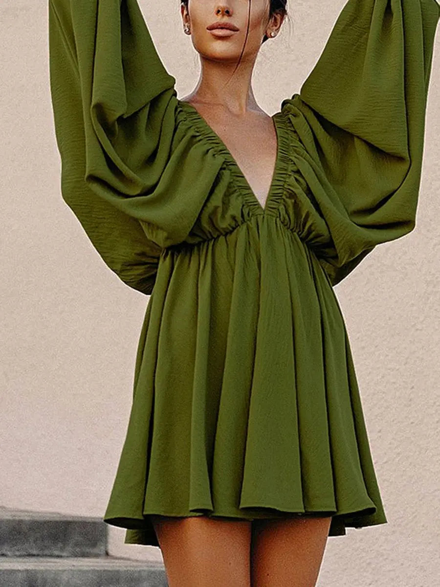 V Neck Lantern Sleeve Short Dress