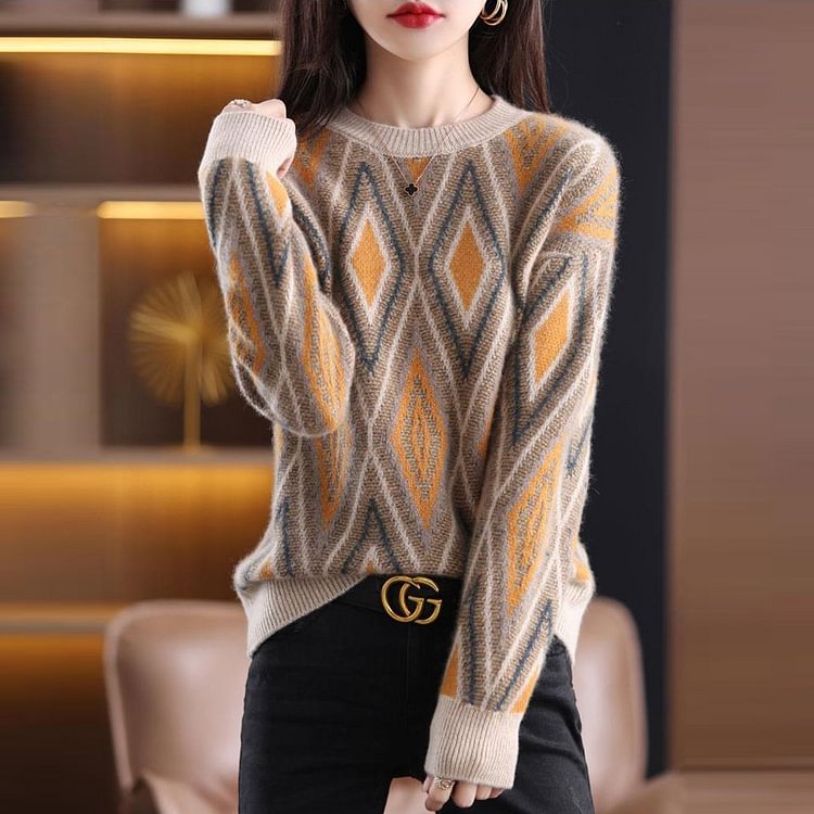 Long Sleeve Geometric Vintage Cotton-Blend Sweater