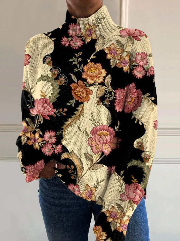 Vintage Flower Art Print Knit Turtleneck Pullover Sweater
