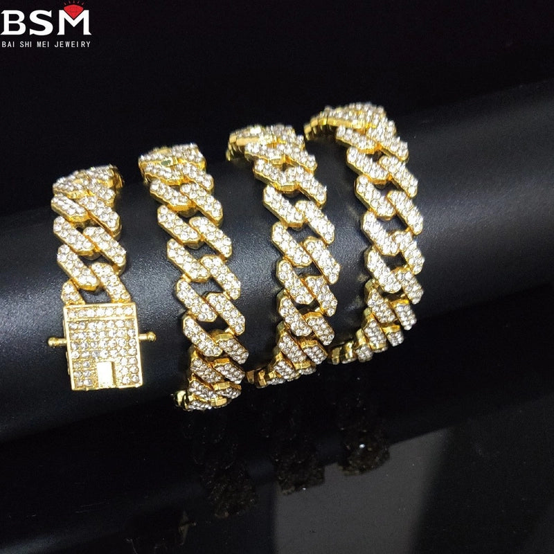 New 12mm Bar-shaped Men’s Cuban Chain Necklace Gold-plated Full Diamond Alloy Hip Hop Style Chain