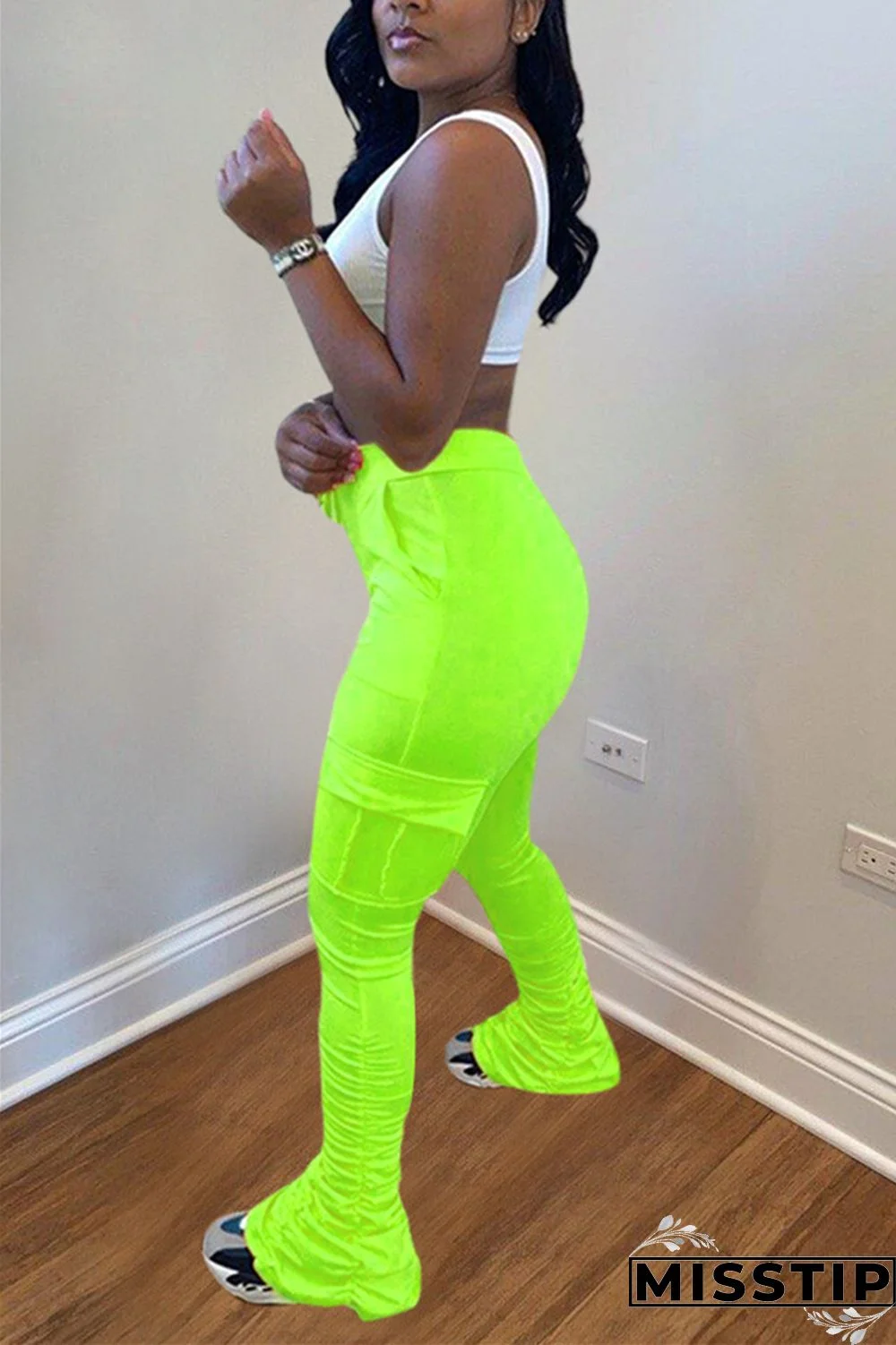 Fluorescent green Drawstring High Solid Pocket Draped Boot Cut Pants Bottoms