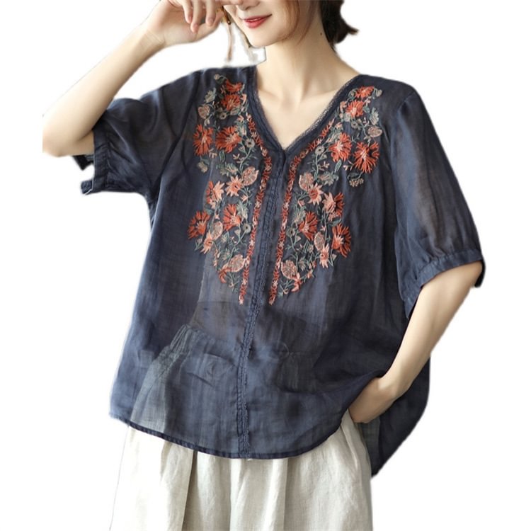 Vintage Embroidered Button Pleated O neck Long Sleeve Blouse P1638390