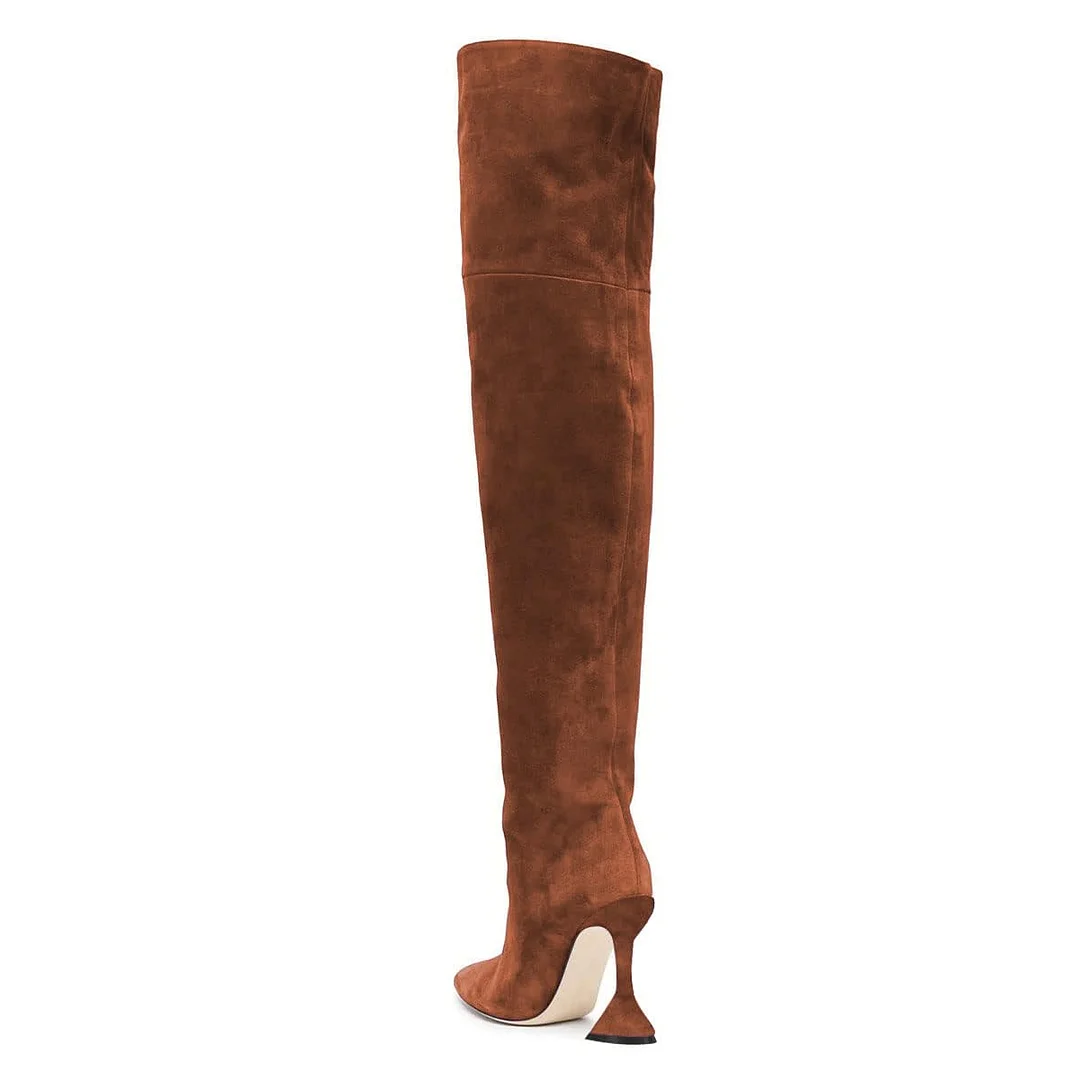 Brown Vegan Suede Over The Knee Flared Heeled Boots with Pointed Toe