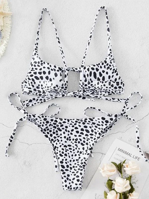 Leopard-Print  Hollow Bandage Split Bikini Swimsuit