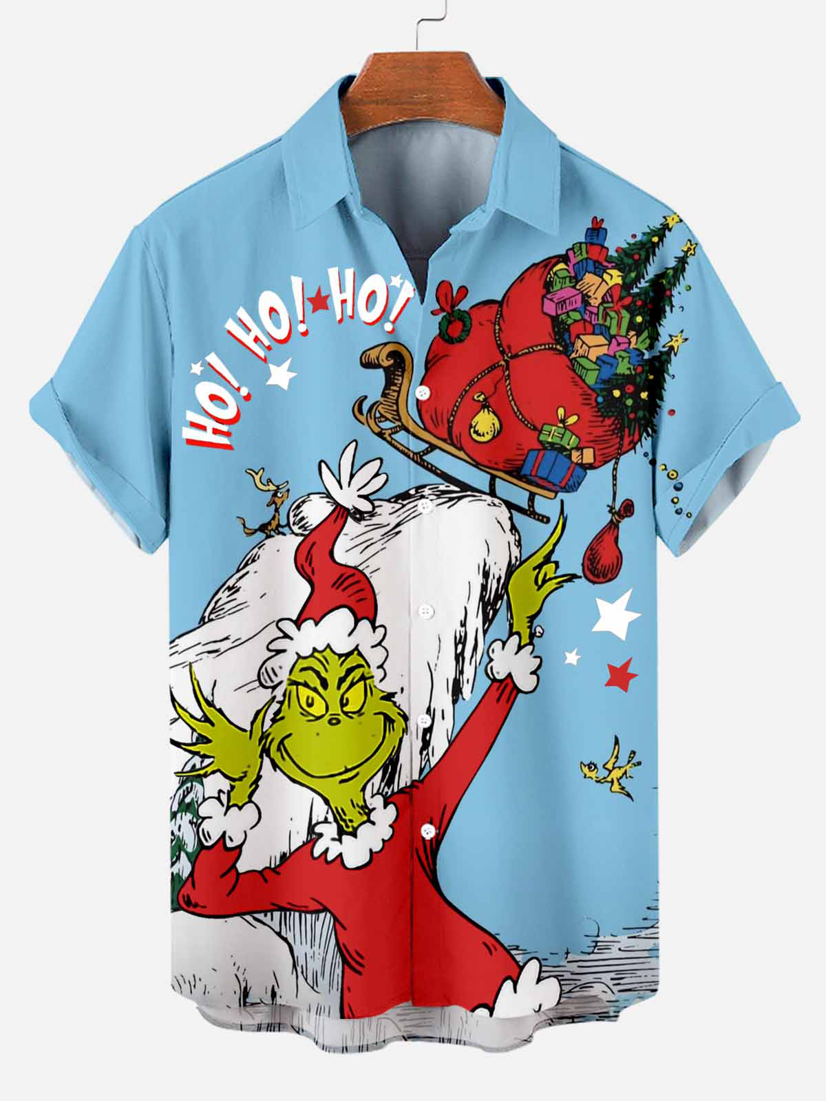 Men's Christmas Fun Green Furry Monster Makes Christmas Gifts Short Sleeve Shirt PLUSCLOTHESMAN