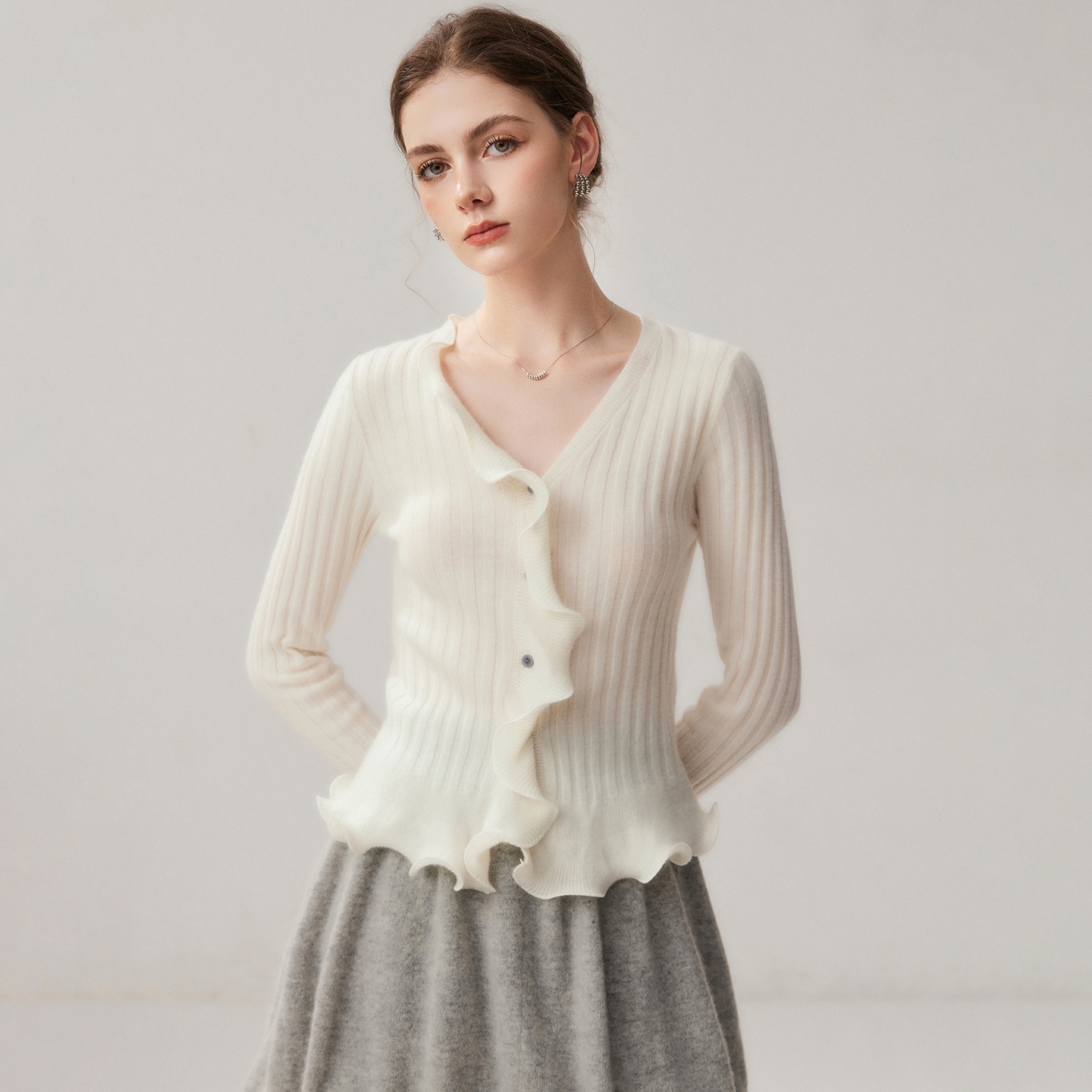 Women's Baby Cashmere Cardigan Slim Fit Flared-Cuff V-Neck REAL SILK LIFE