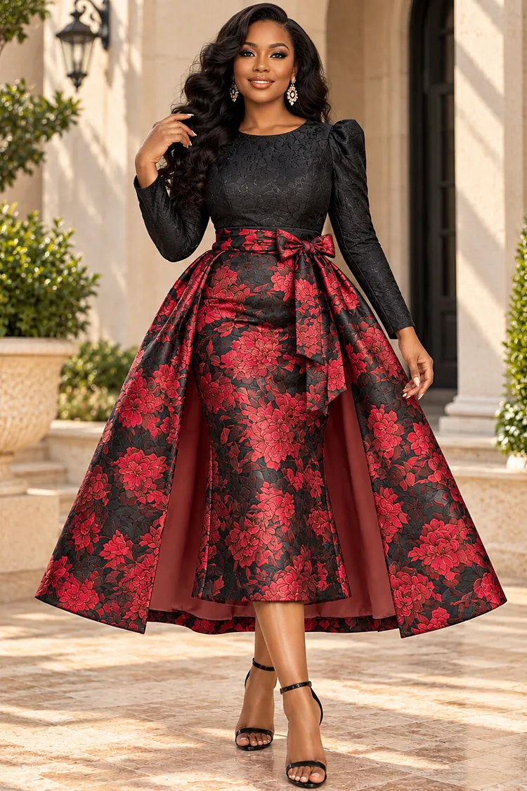 Xpluswear Design Plus Size Wedding Guest Satin Red Graphic Round Neck Puff Sleeve Long Sleeve With&nbsp;Skirt&nbsp;Overlay&nbsp;Wrap Jacquard Midi Dresses [Pre-Order] 2024 - Xpluswear
