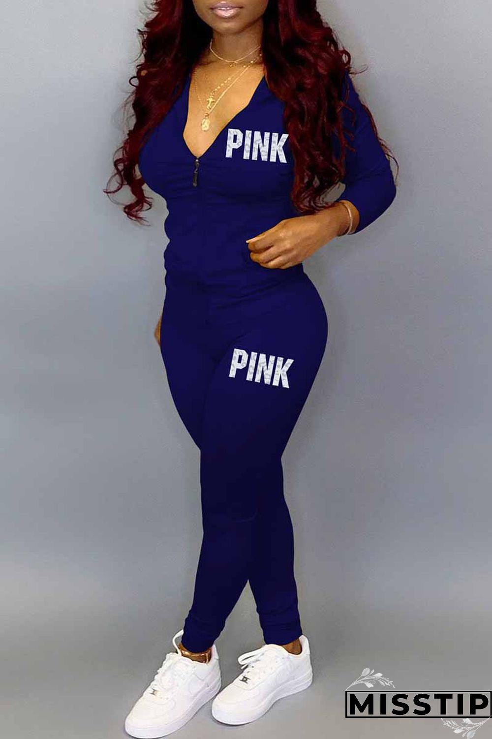 Blue Casual Print Letter Hooded Collar Long Sleeve Two Pieces