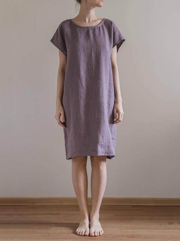 Women's Simple Solid Color Cotton And Linen Mid-length Dress-Mayoulove