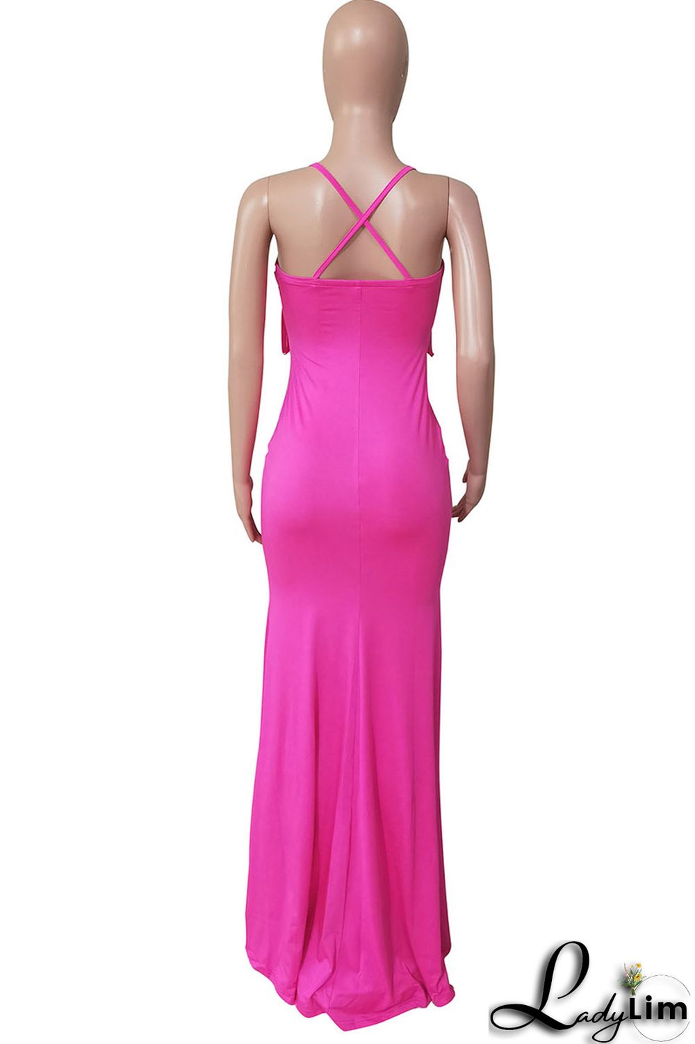 Rose Red Sexy Solid Tassel Split Joint Spaghetti Strap One Step Skirt Dresses