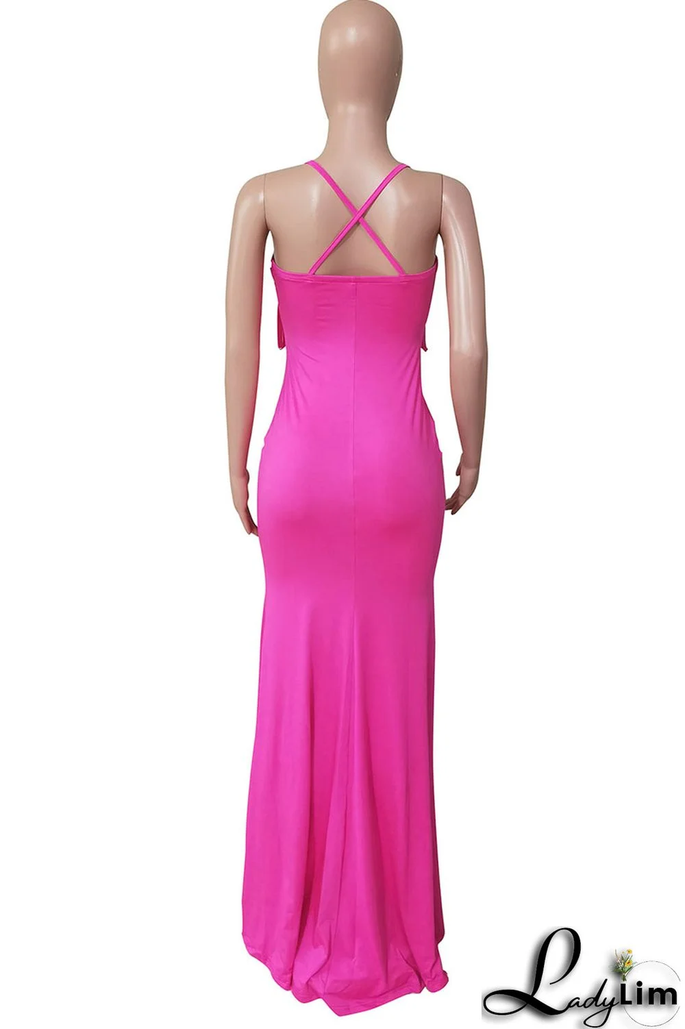 Rose Red Sexy Solid Tassel Split Joint Spaghetti Strap One Step Skirt Dresses