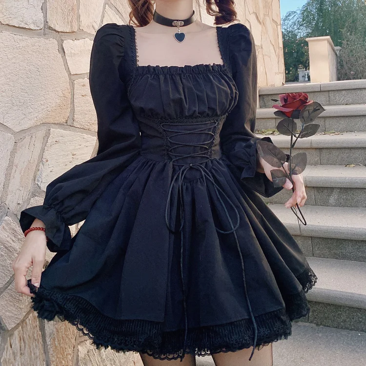 Sweet Paneled Bandaged Bubble Sleeve Square Neck Dress