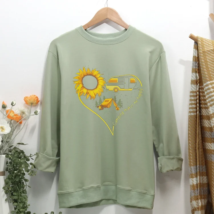 Camping Sunflower Makes Me Happy Women Casual Sweatshirt-Annaletters