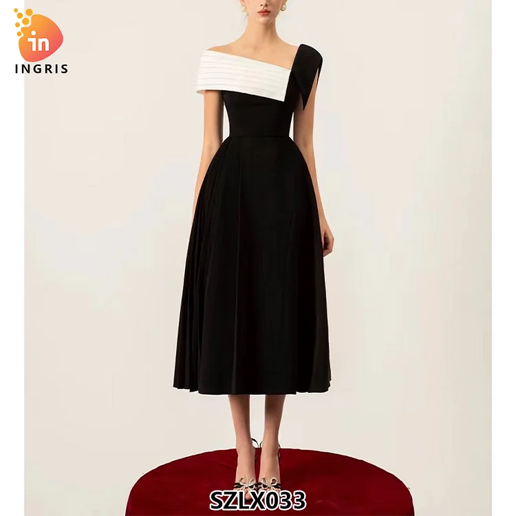 Oblique Shoulder Irregular Dress Ladies Pleated Dress Women Long Dress With Slim Waist for Elegant Ladies-SZLX033