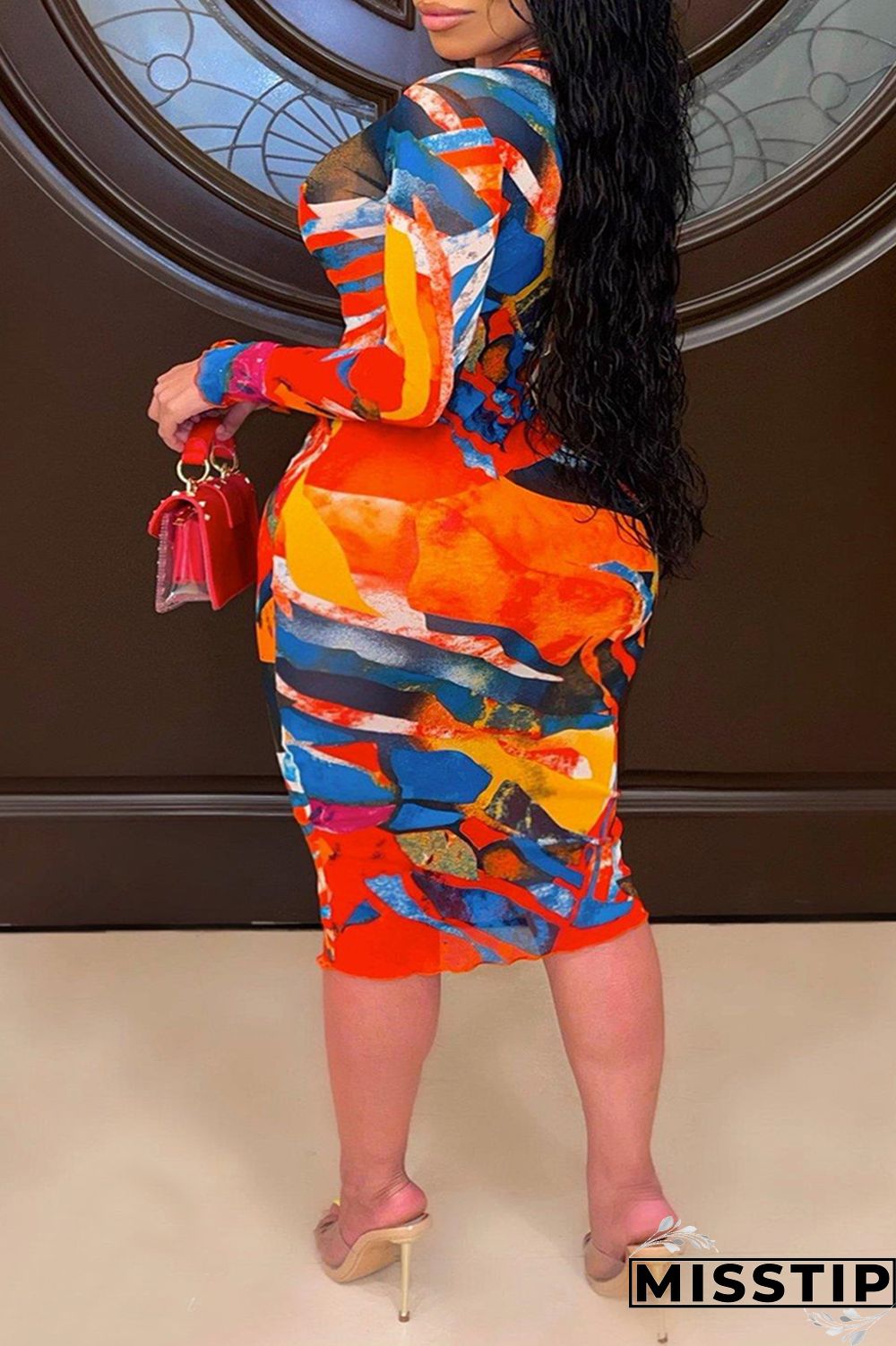 Colour Fashion Casual Print Patchwork O Neck Long Sleeve Plus Size Dresses