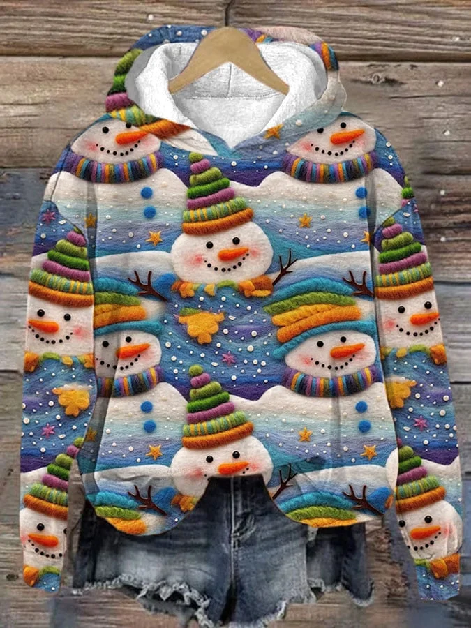 Women's Christmas Snowman Print Hooded Sweatshirt-mysite