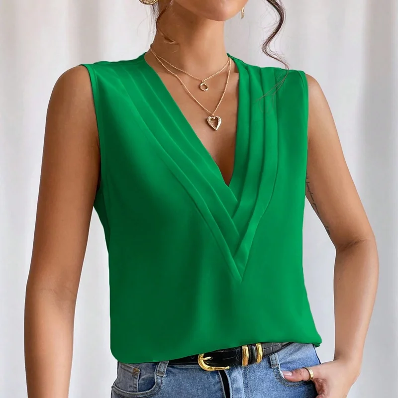 Women's Elegant Design Solid Color V-Neck Casual Sleeveless Blouses Office Exquisite Outfit