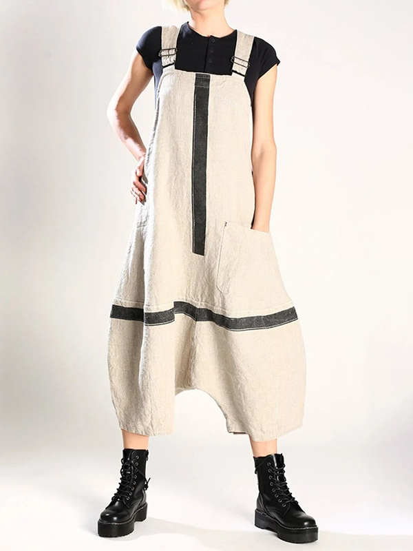 Contrast Stripe Adjustable Strap Linen Loose Jumpsuit