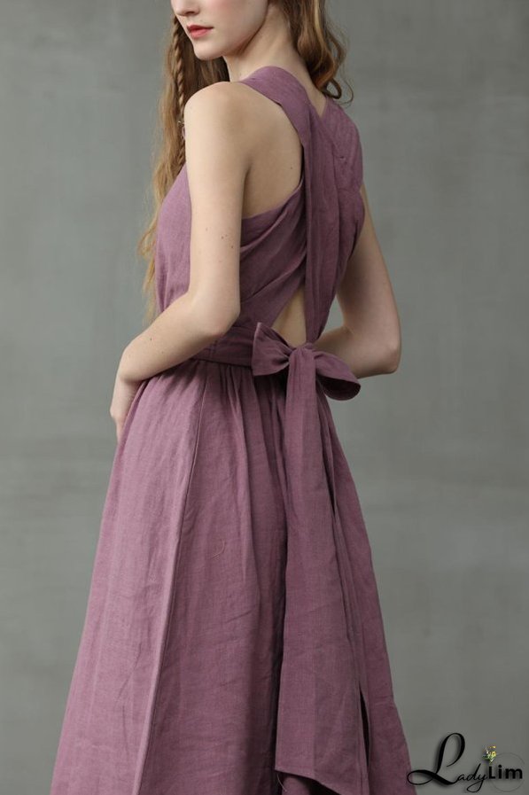Cross Back O Neck Maxi Linen Dress