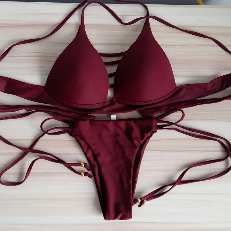 2018 New Swimming Bikini Set Women Swimsuit Bandage Split Swimwear Beach Two Piece Bathing Suit solid color bikinis