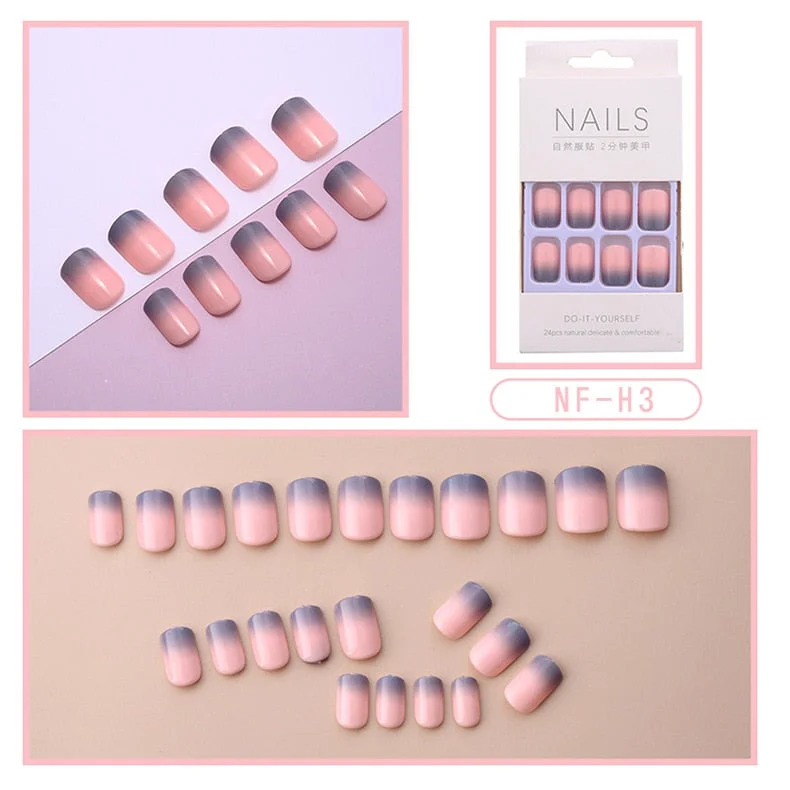 Fashion 24pc/set French Styel Press On False Nail Tips 10 Sizes Fake Nails Full Cover Nail Tips With Nail Adhesive Tab Sticker-Nail Inspo