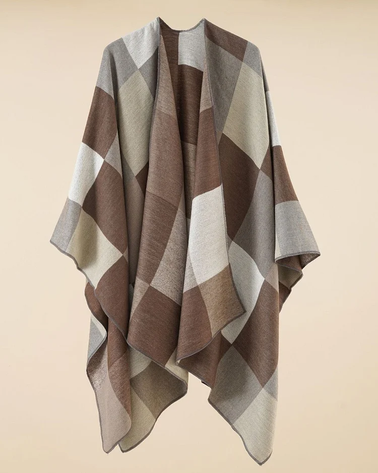Women's Brown Plaid Casual Cape Shawl