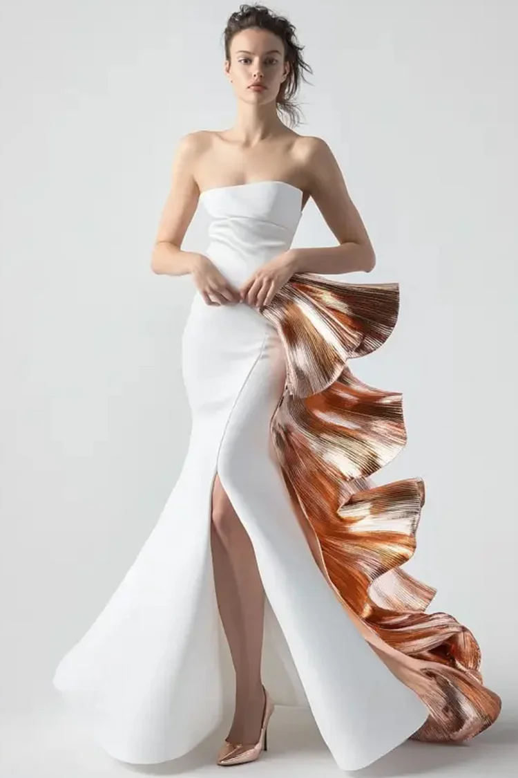 Strapless Layered Slit Maxi Dress-White [Custom-Made]
